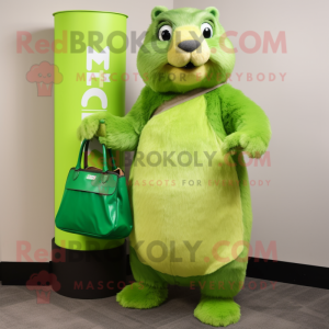 Lime Green Marmot mascot costume character dressed with a Maxi Dress and Clutch bags