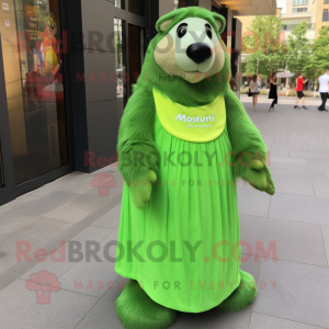 Lime Green Marmot mascot costume character dressed with a Maxi Dress and Clutch bags