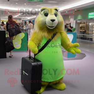 Lime Green Marmot mascot costume character dressed with a Maxi Dress and Clutch bags