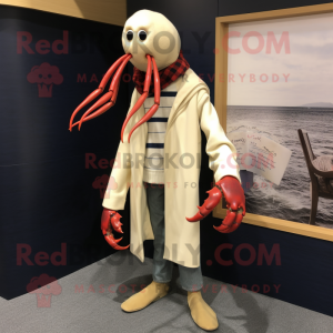 Cream Lobster mascot costume character dressed with a Oxford Shirt and Shawls