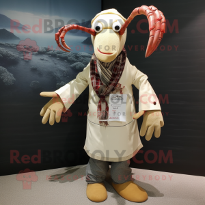 Cream Lobster mascot costume character dressed with a Oxford Shirt and Shawls