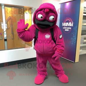 Magenta Marine Recon mascot costume character dressed with a Hoodie and Clutch bags
