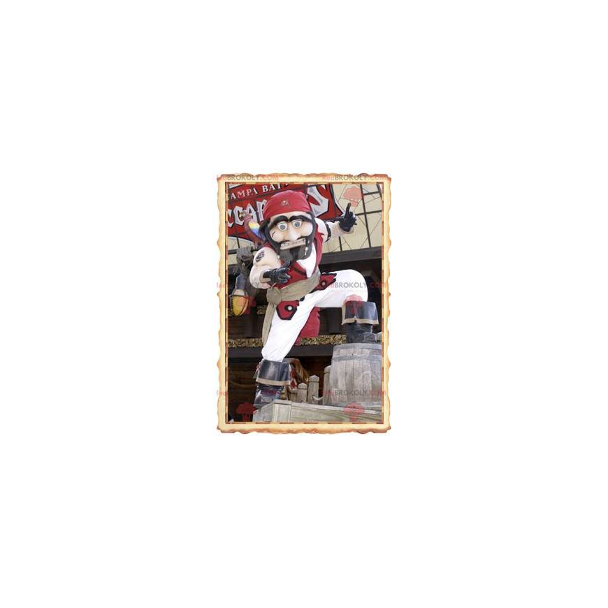 Mascota pirata en traje tradicional blanco y rojo -