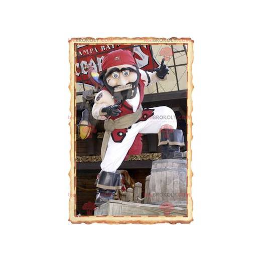 Pirat maskotka w tradycyjnym białym i czerwonym stroju -