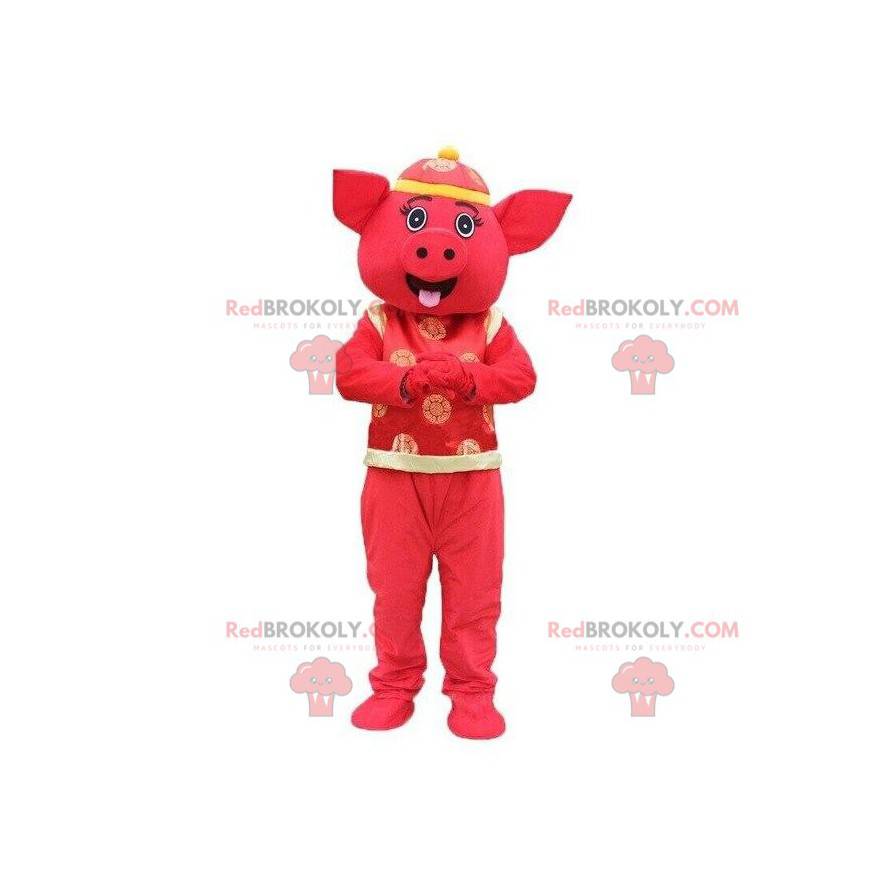 Asiatisches Schweinemaskottchen, asiatisches Kostüm, rotes