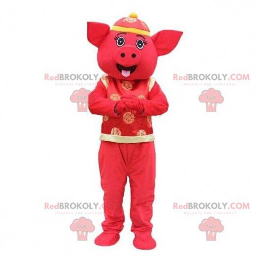 Asiatisches Schweinemaskottchen, asiatisches Kostüm, rotes