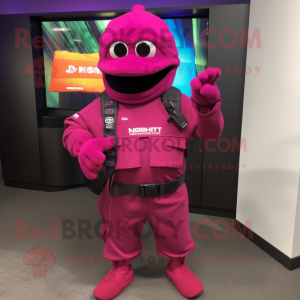 Magenta Marine Recon mascot costume character dressed with a Hoodie and Clutch bags