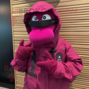 Magenta Marine Recon mascot costume character dressed with a Hoodie and Clutch bags