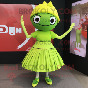 Lime Green Pho mascot costume character dressed with a Mini Skirt and Cummerbunds