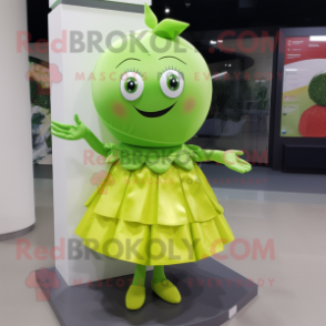 Lime Green Pho mascot costume character dressed with a Mini Skirt and Cummerbunds