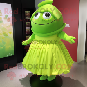 Lime Green Pho mascot costume character dressed with a Mini Skirt and Cummerbunds