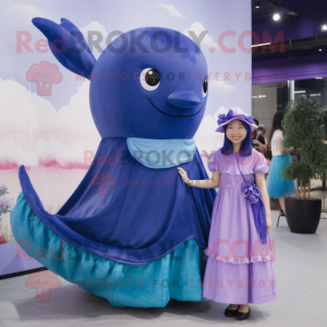 nan Humpback Whale mascot costume character dressed with a Sheath Dress and Hair clips