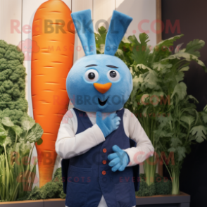 Blue Carrot mascot costume character dressed with a Waistcoat and Smartwatches