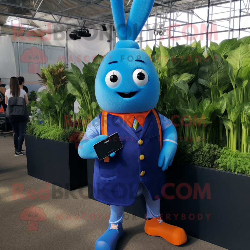 Blue Carrot mascot costume character dressed with a Waistcoat and Smartwatches