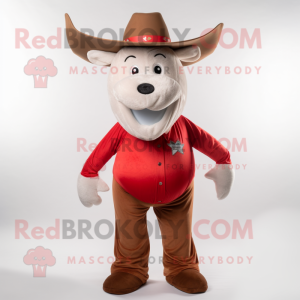 Red Beef Stroganoff mascot costume character dressed with a Bootcut Jeans and Tie pins