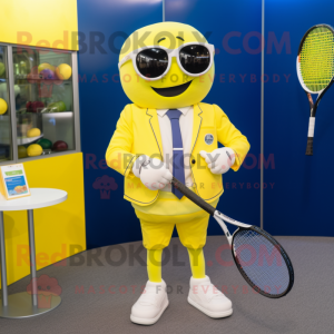 Yellow Tennis Racket mascot costume character dressed with a Suit Jacket and Smartwatches