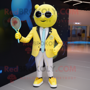 Yellow Tennis Racket mascot costume character dressed with a Suit Jacket and Smartwatches