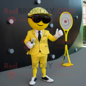 Yellow Tennis Racket mascot costume character dressed with a Suit Jacket and Smartwatches