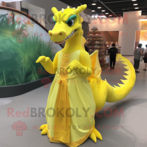 Lemon Yellow Dragon mascot costume character dressed with a Evening Gown and Tote bags