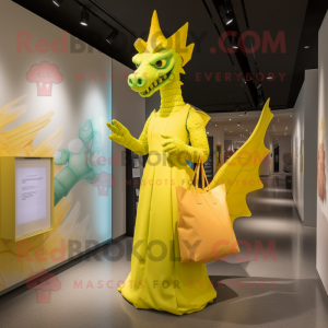 Lemon Yellow Dragon mascot costume character dressed with a Evening Gown and Tote bags