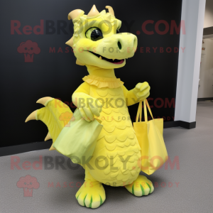 Lemon Yellow Dragon mascot costume character dressed with a Evening Gown and Tote bags
