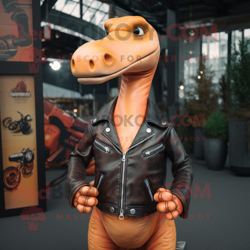 Peach Diplodocus mascot costume character dressed with a Leather Jacket and Necklaces