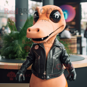 Peach Diplodocus mascot costume character dressed with a Leather Jacket and Necklaces