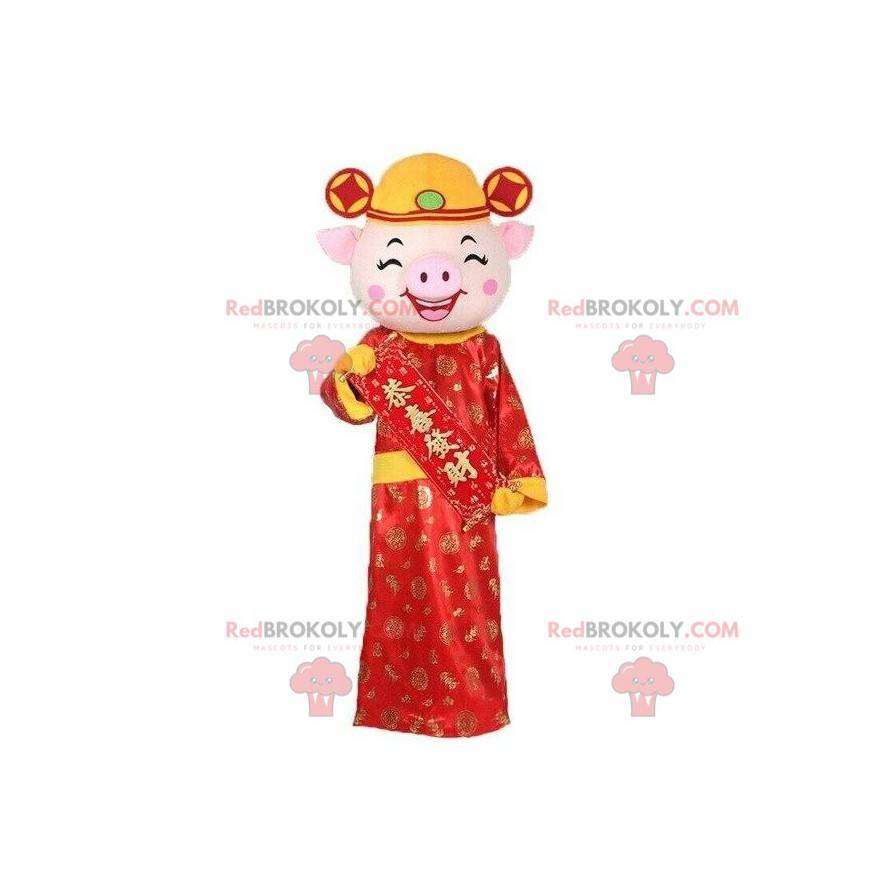 Asiatisches Schweinemaskottchen, asiatisches Kostüm, rotes Asiatisches Schweinemaskottchen, asiatisches Kostüm, rotes