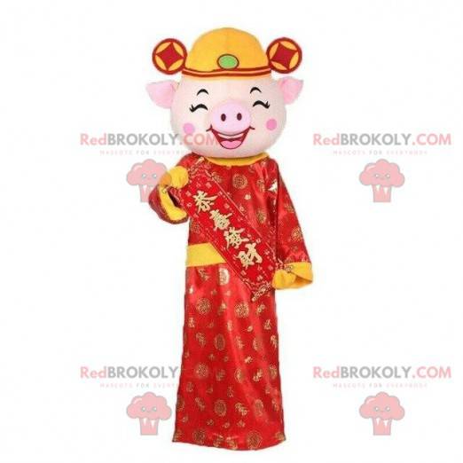 Mascote porco asiático, traje asiático, traje de porco vermelho