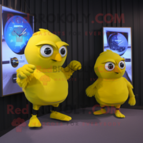 Gold Canary mascot costume character dressed with a Tank Top and Smartwatches