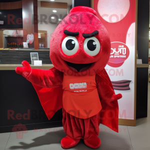 Red Sushi mascot costume character dressed with a Culottes and Gloves