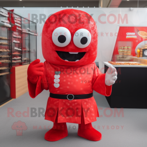 Red Sushi mascot costume character dressed with a Culottes and Gloves