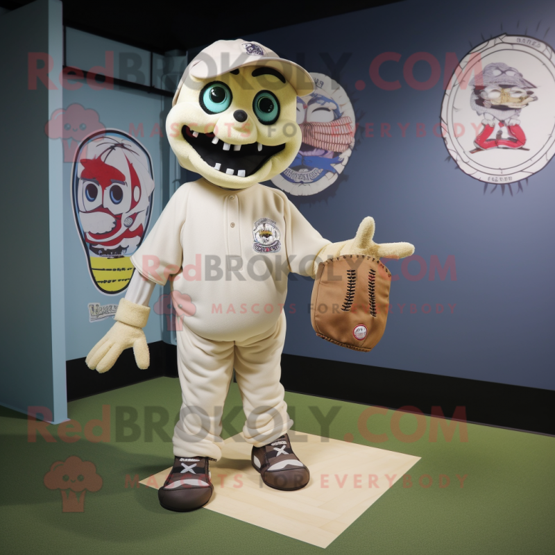 Cream Undead mascot costume character dressed with a Baseball Tee and Tote bags Cream Undead mascot costume character dressed with a Baseball Tee and Tote bags