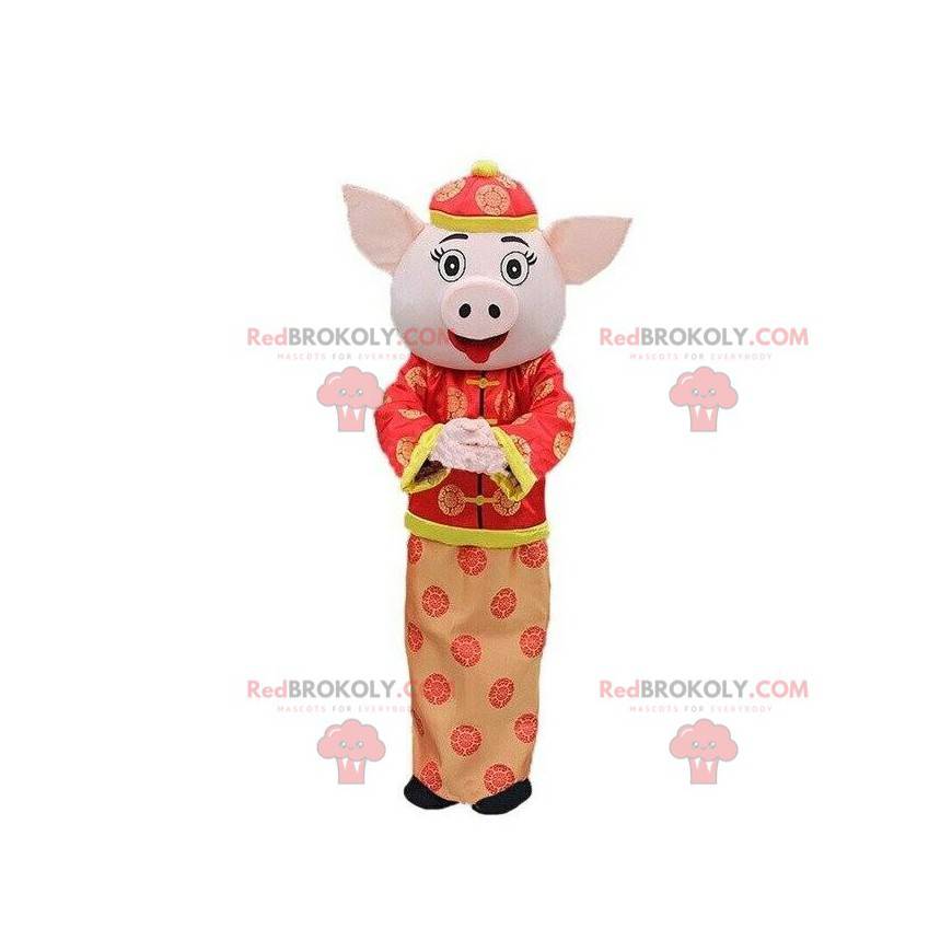 Mascotte Coquet varken, Aziatisch kostuum, feestelijk varken