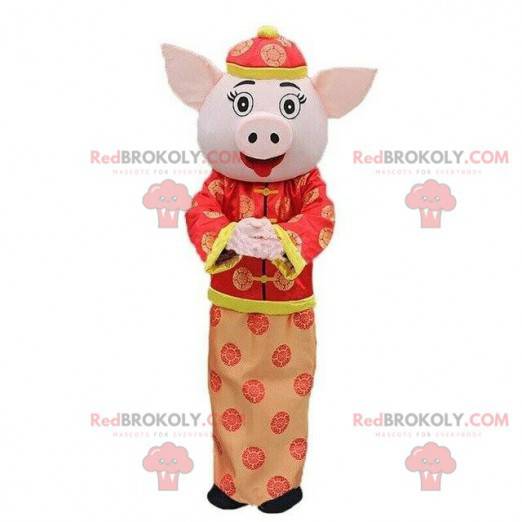 Mascote de porco coquet, fantasia asiática, fantasia de porco