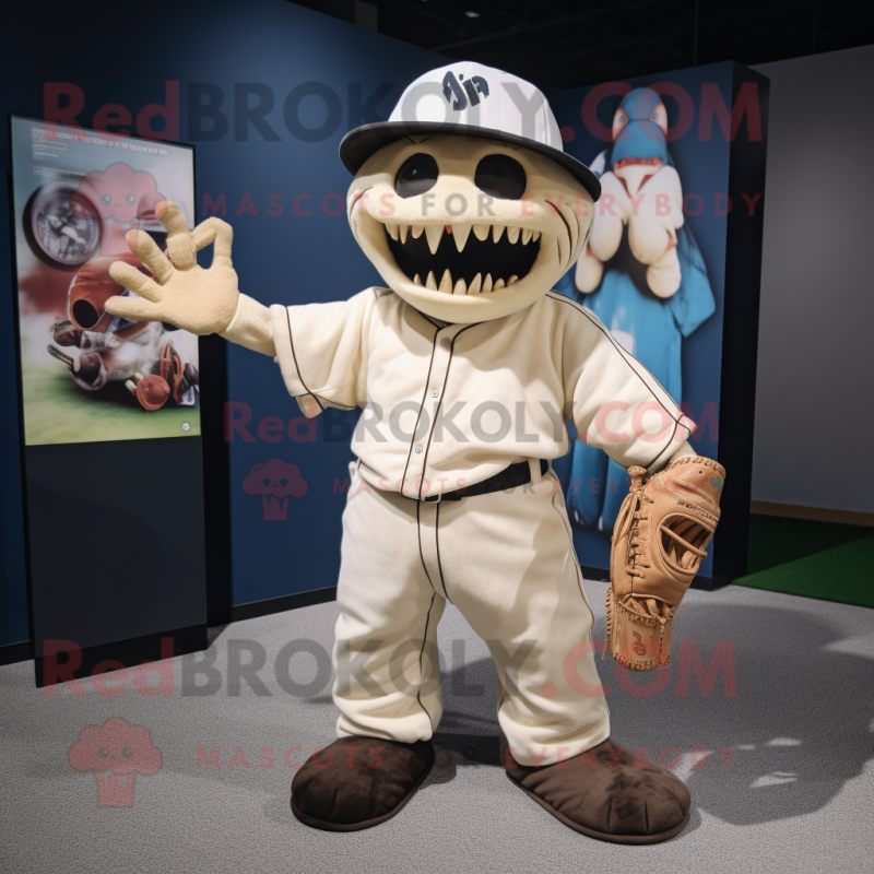 Cream Undead mascot costume character dressed with a Baseball Tee and Tote bags Cream Undead mascot costume character dressed with a Baseball Tee and Tote bags