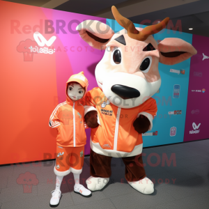 Peach Zebu mascot costume character dressed with a Windbreaker and Watches