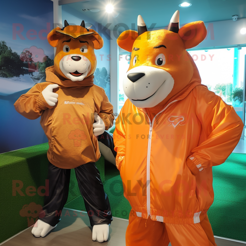 Peach Zebu mascot costume character dressed with a Windbreaker and Watches