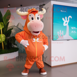 Peach Zebu mascot costume character dressed with a Windbreaker and Watches