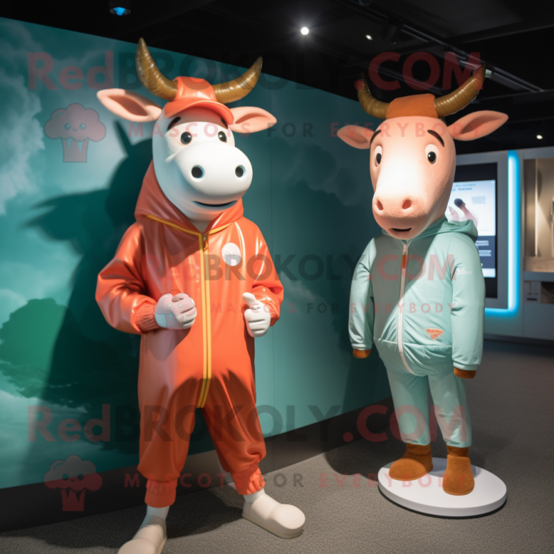 Peach Zebu mascot costume character dressed with a Windbreaker and Watches