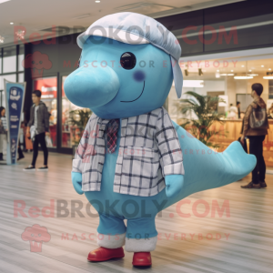 Cyan Blue Whale mascot costume character dressed with a Flannel Shirt and Hairpins