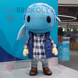 Cyan Blue Whale mascot costume character dressed with a Flannel Shirt and Hairpins