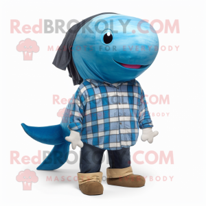 Cyan Blue Whale mascot costume character dressed with a Flannel Shirt and Hairpins