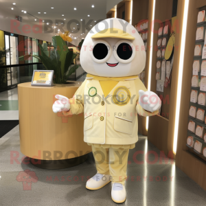 Cream Lemon mascot costume character dressed with a Jacket and Coin purses