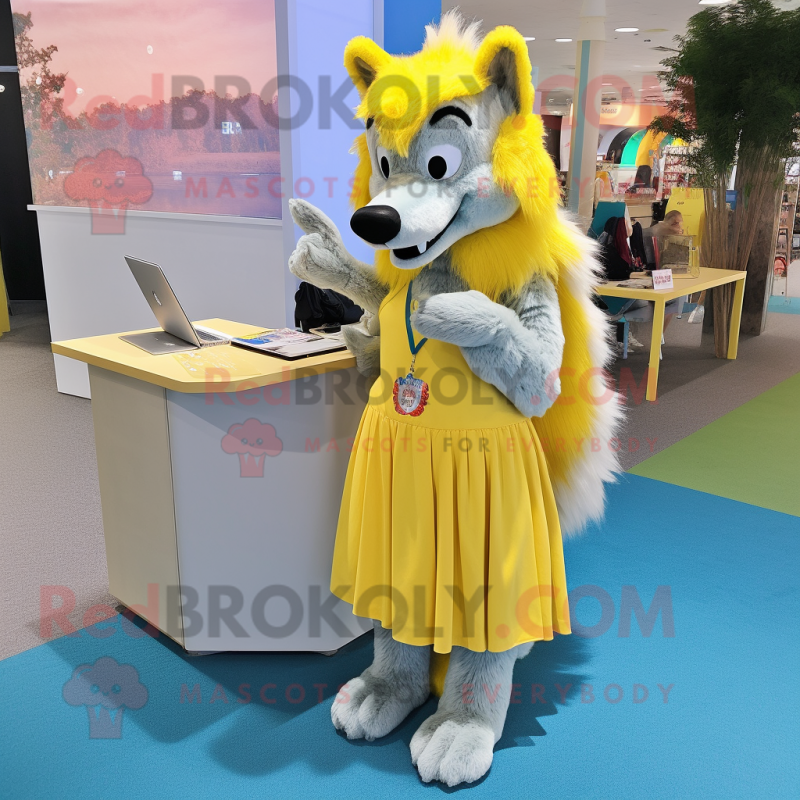 Lemon Yellow Wolf mascot costume character dressed with a Maxi Skirt and Wallets