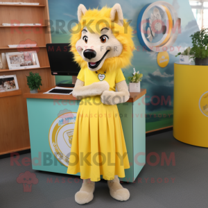 Lemon Yellow Wolf mascot costume character dressed with a Maxi Skirt and Wallets