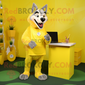 Lemon Yellow Wolf mascot costume character dressed with a Maxi Skirt and Wallets