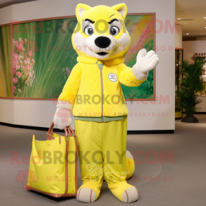 Lemon Yellow Wolf mascot costume character dressed with a Maxi Skirt and Wallets