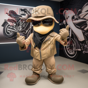 Tan Contortionist mascot costume character dressed with a Biker Jacket and Hats