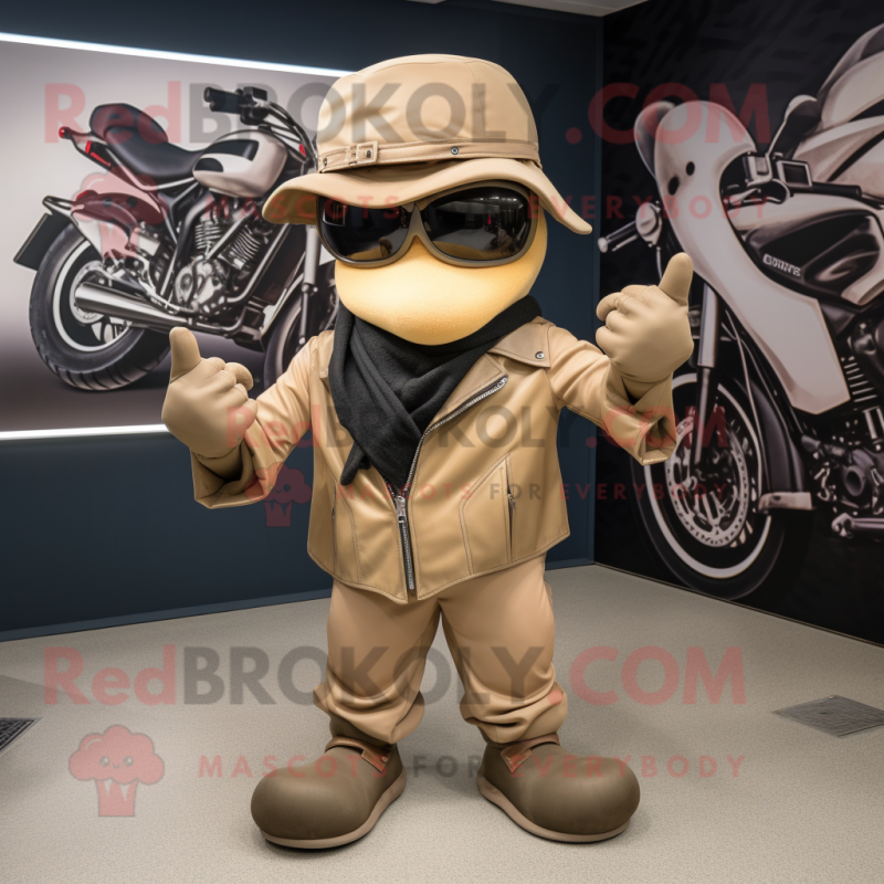 Tan Contortionist mascot costume character dressed with a Biker Jacket and Hats